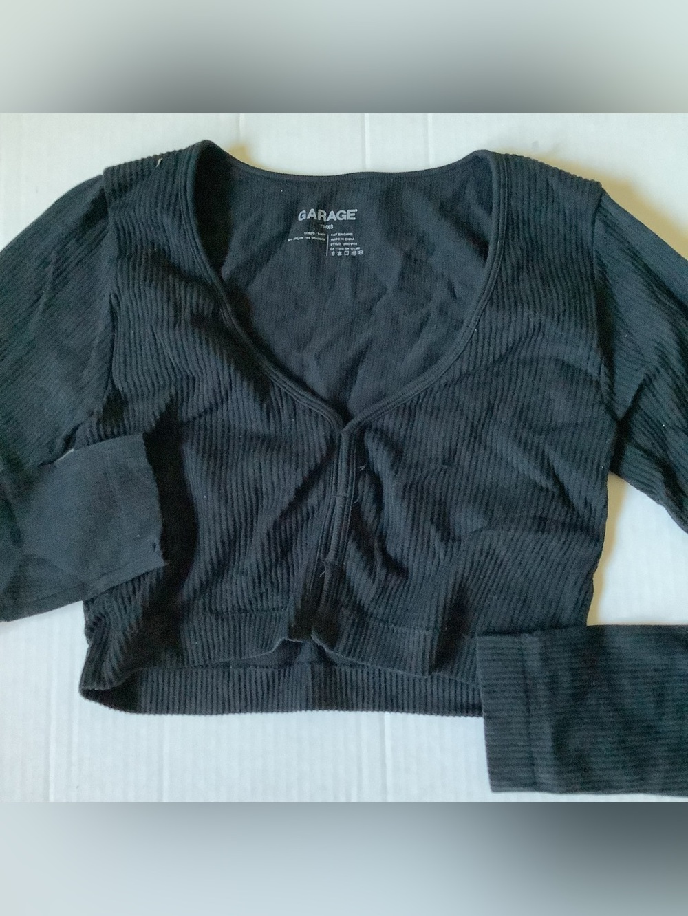 Garage Black Ribbed Tie-Front Cropped Cardigan Top Long Sleeve Size XS